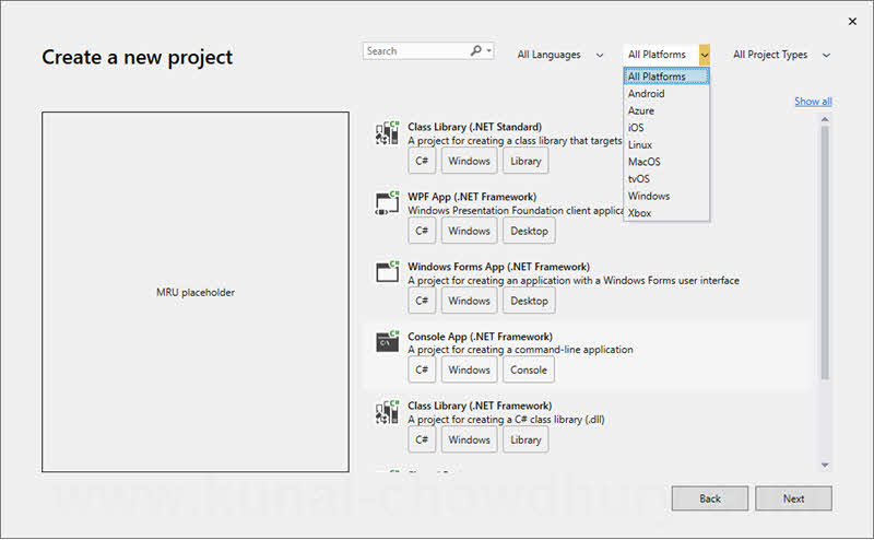 Select the platform while creating a new project in Visual Studio 2019 (version: 16.0.0 Preview 1)