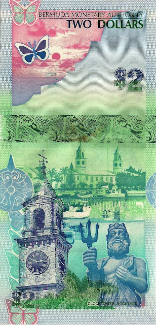 Bermuda money currency 2 Dollars banknote 2009 Dockyard Clock Tower and the Statue of Neptune