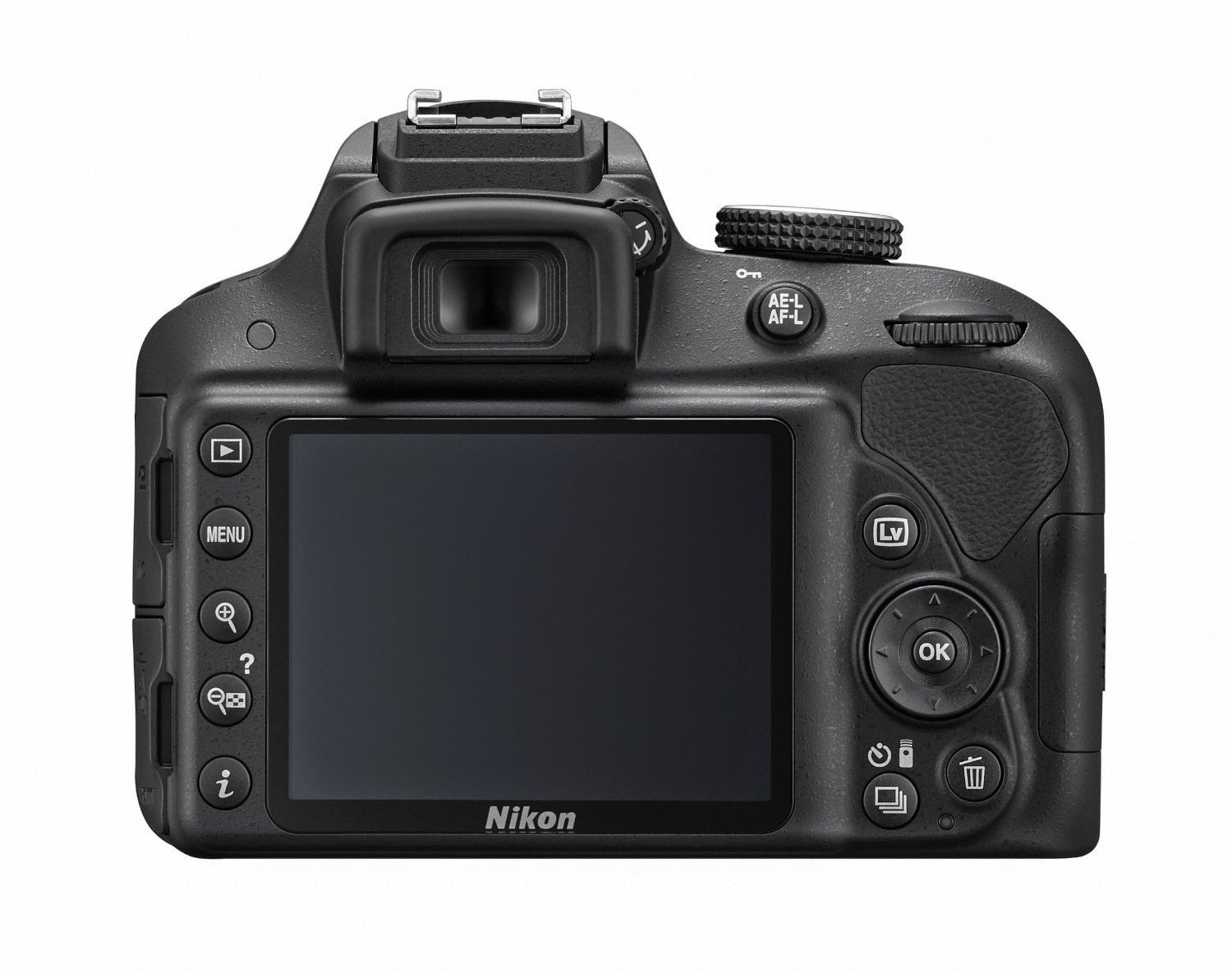 Nikon D3300 DSLR rear view with 3" LCD screen, viewfinder, and function buttons