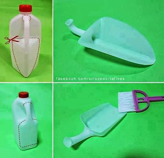 Idea para reciclar un botella de leche y hacer una pala de plástico.