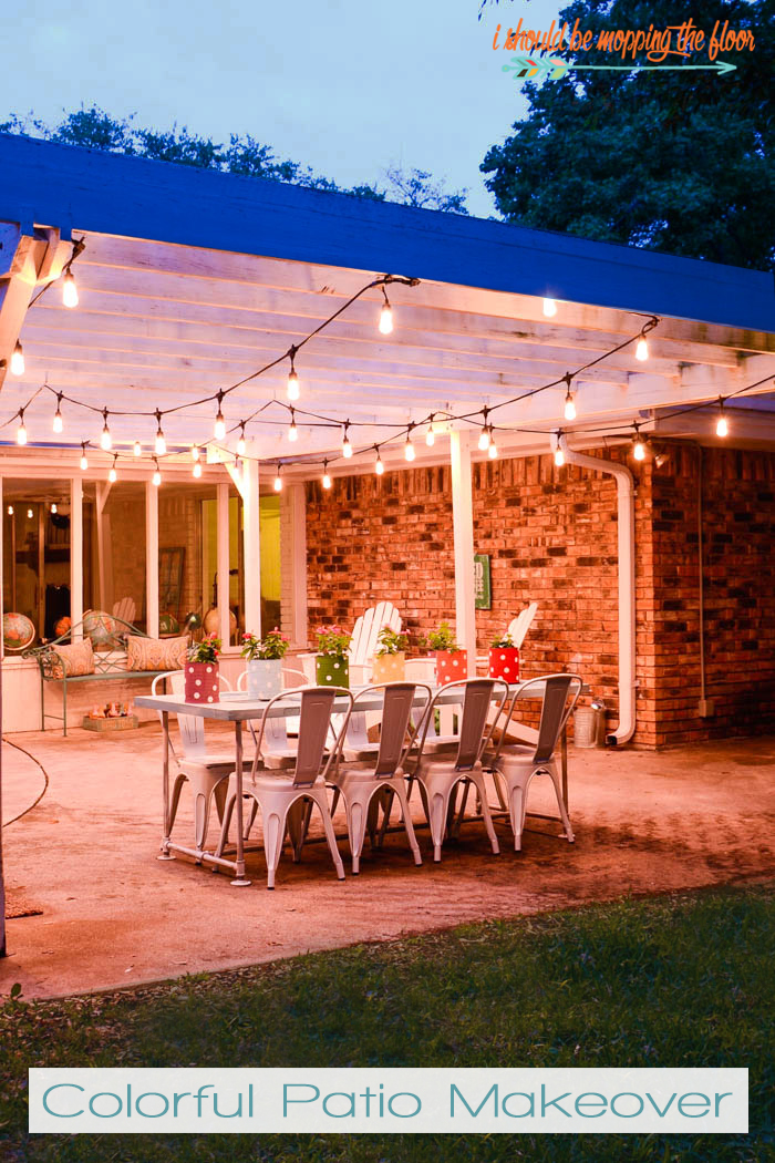 Colorful Patio Makeover | Lots of fun, whimsical, homemade touches, and colorful lights make this patio a great spot to hang out! 