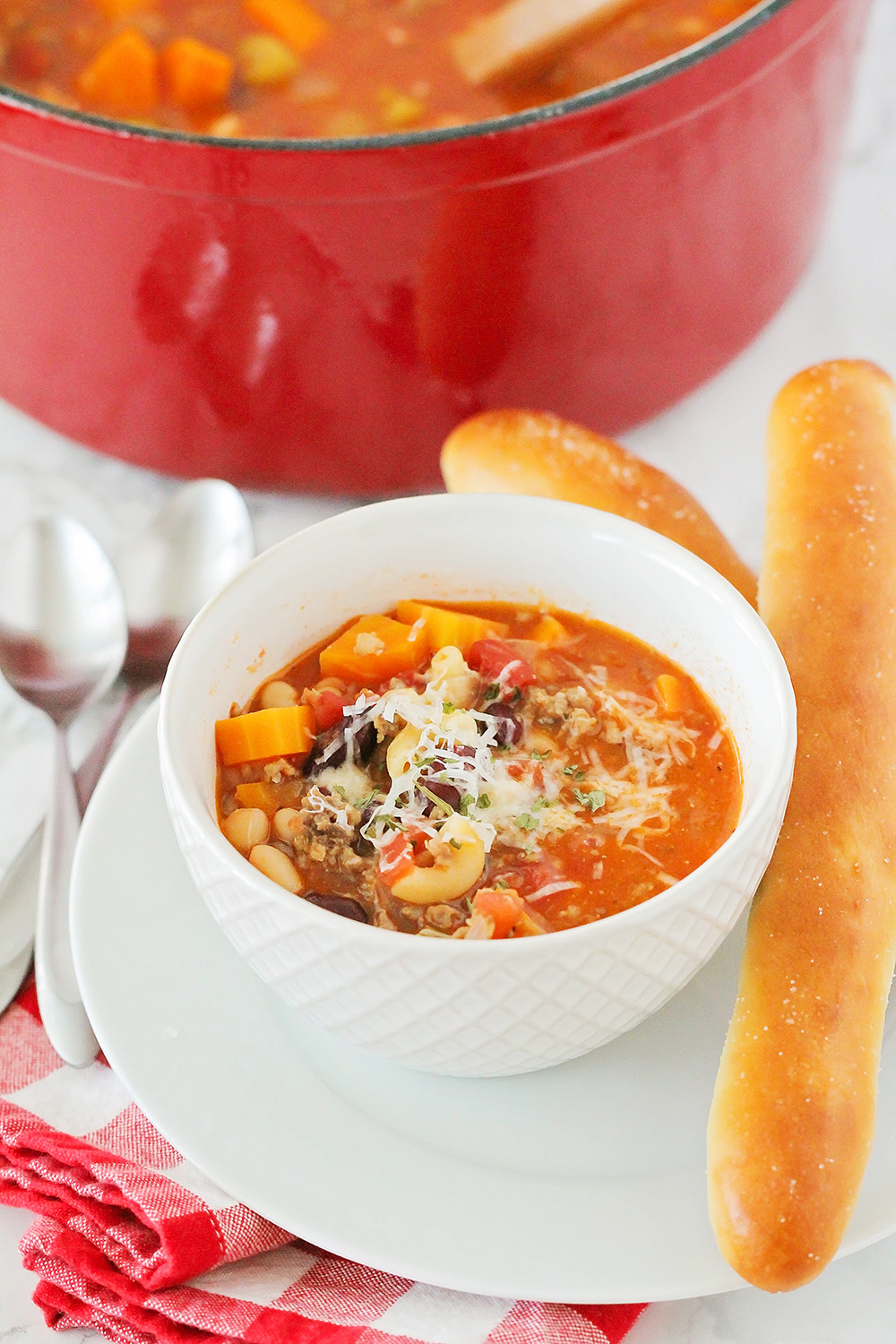 This savory and flavorful pasta e fagioli soup is easy to make, and super delicious! 