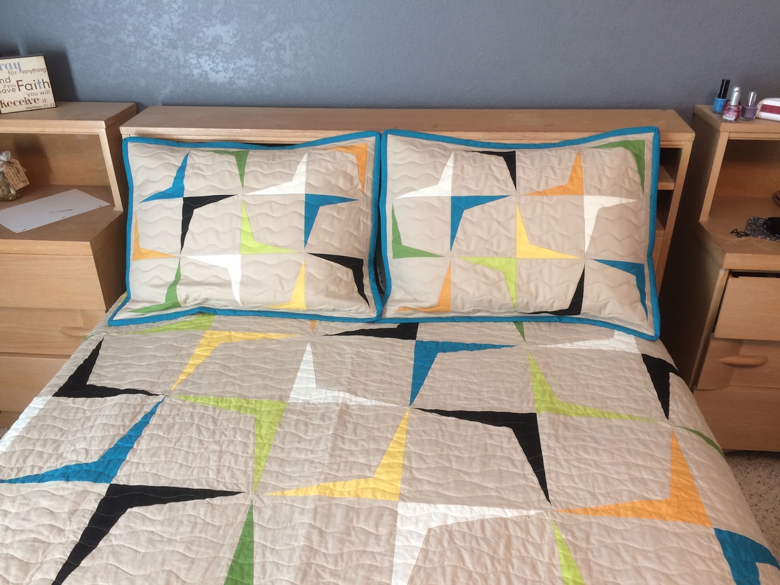 The Fleming's Nine Boomerang Pillow Shams and a Minecraft Quilt