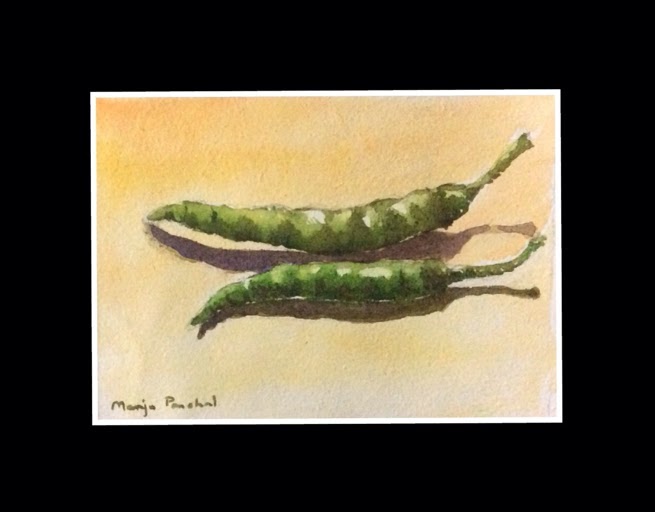 Water colour painting of two green chillies by Manju Panchal