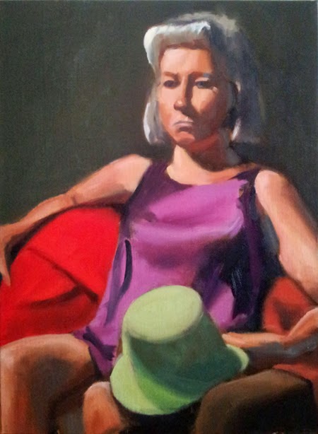 Oil painting of a woman with silver hair in a short purple dress holding a light green hat, sitting in a chair with a red covering.