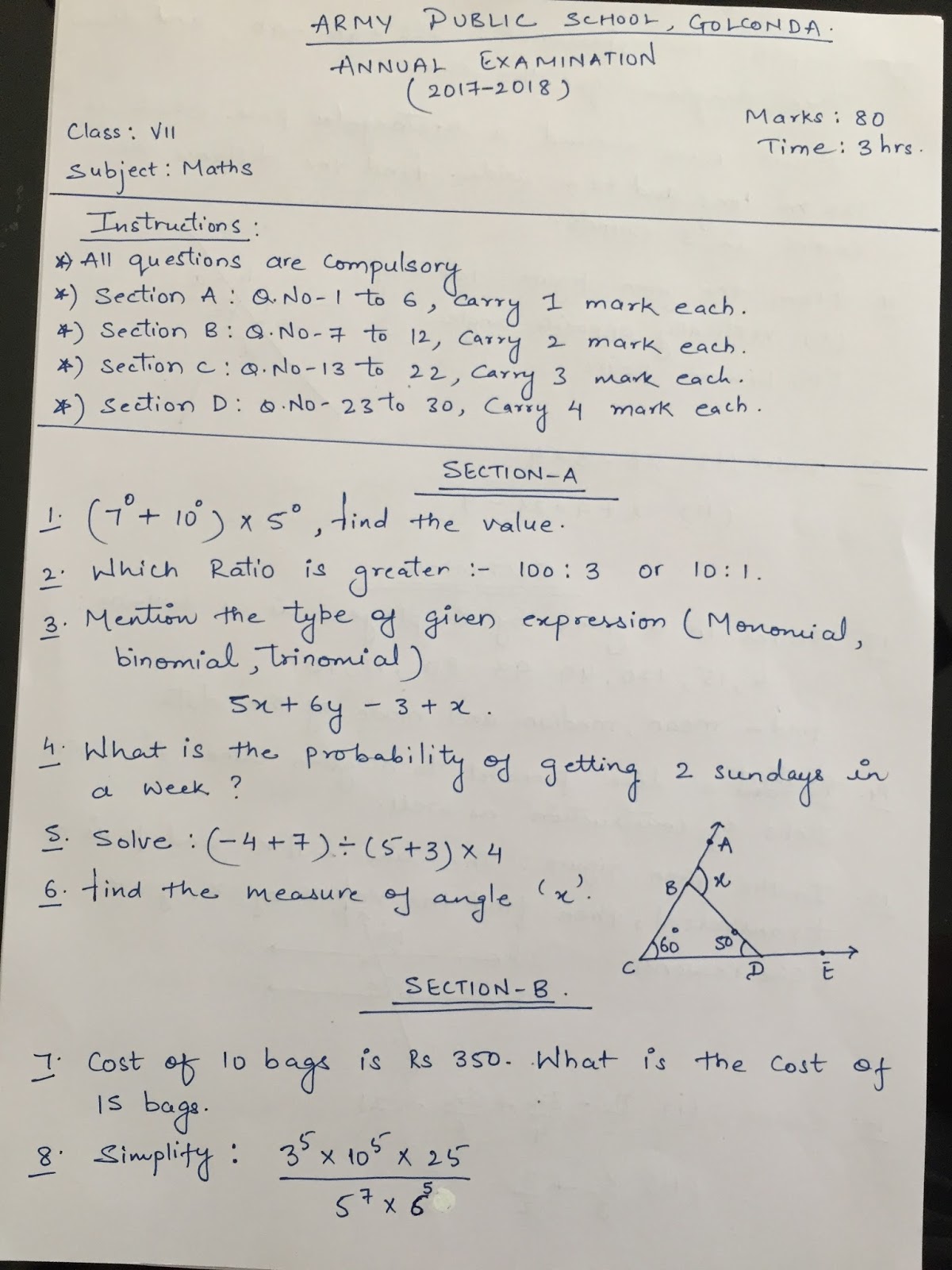 APS, Golconda | Priyanka Gupta: CLASS 7 / MATHS / REVISION MODEL PAPER
