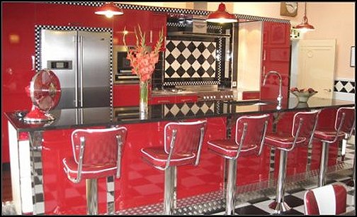 50s bedroom ideas - 50s theme decor - 1950s retro decorating style - 50s diner - 50s party decorations - 1950 bedding - 50s telephone - retro diner furniture - vintage advertising wall decals - Cadillac Wall Shelf - Elvis Presley - booth dinette decor - Rock and Roll