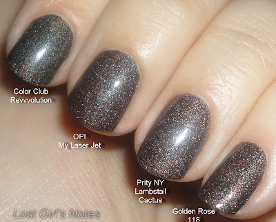 Priti NYC Lambstail cactus, OPI my private jet, Color club revvvolution and golden rose 118phic polish comparison