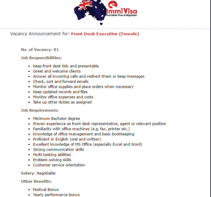Vacancy Immivisa Pvt Ltd Front Desk Executive Female Job