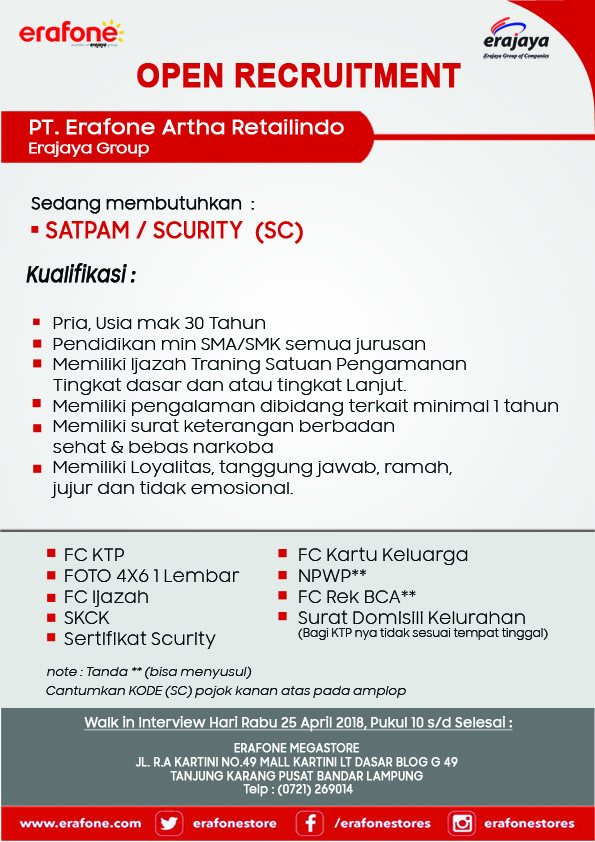 OPEN RECRUITMENT PT.ERAFONE ARTHA RETAILINDO