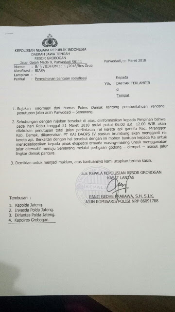 Pemberitahuan Rencana Penutupan Jalan Arah Semarang