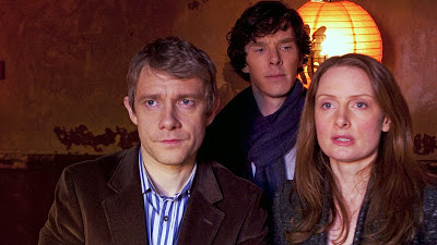 Benedict Cumberbatch, Martin Freeman and Zoe Telford as Sherlock Holmes, John Watson and Sarah in BBC Sherlock Season 1 Episode 2 The Blind Banker