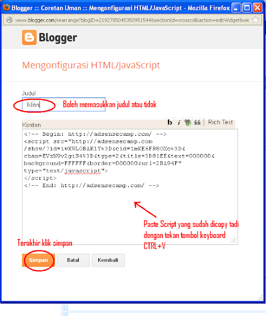 Cara Pasang Script iklan adsensecamp di blogspot/blogger