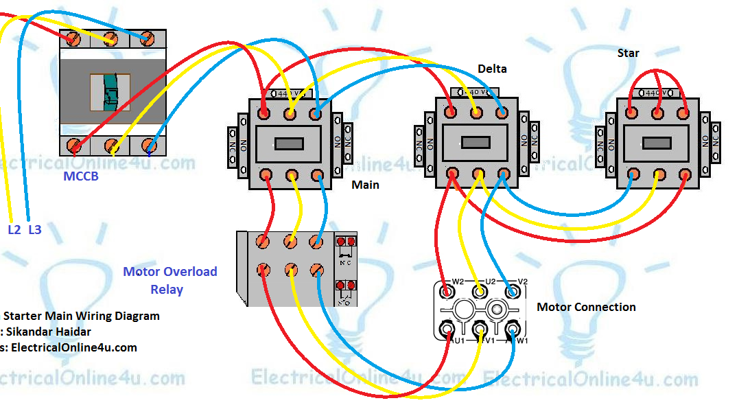 Star Delta Starter Wiring Diagram 3 phase With Timer  Power Wiring Diagram Of Star Delta Starter    Electricalonline4u