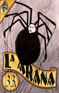 This card in the loteria deck shows the spider, or la arana, and is used for tarot like fortune telling.  The style of this image is similar to a Gorey illustration.