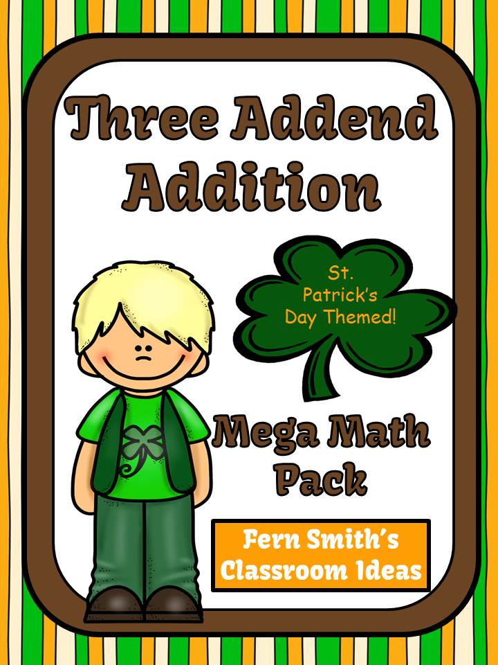 St. Patrick's Day Three Addend Addition Mega Math Pack - Printables and Games