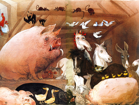 Los animales de la granja Manor, ilustración de Ralph Steadman para Rebelión en la granja - Cine de Escritor