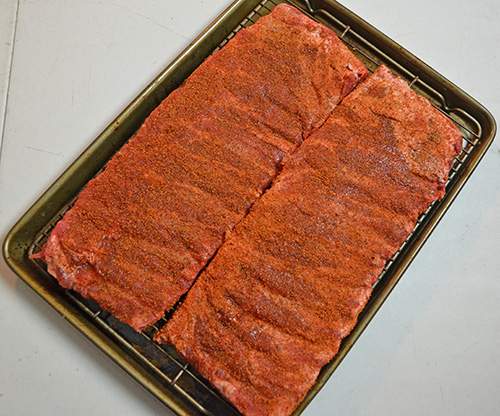 Ribs prepared and ready to go into the smoker.