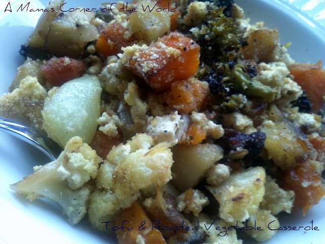 Casserole with roasted tofu, carrots, sweet potatoes, broccoli, cauliflower, mushrooms, and onion.