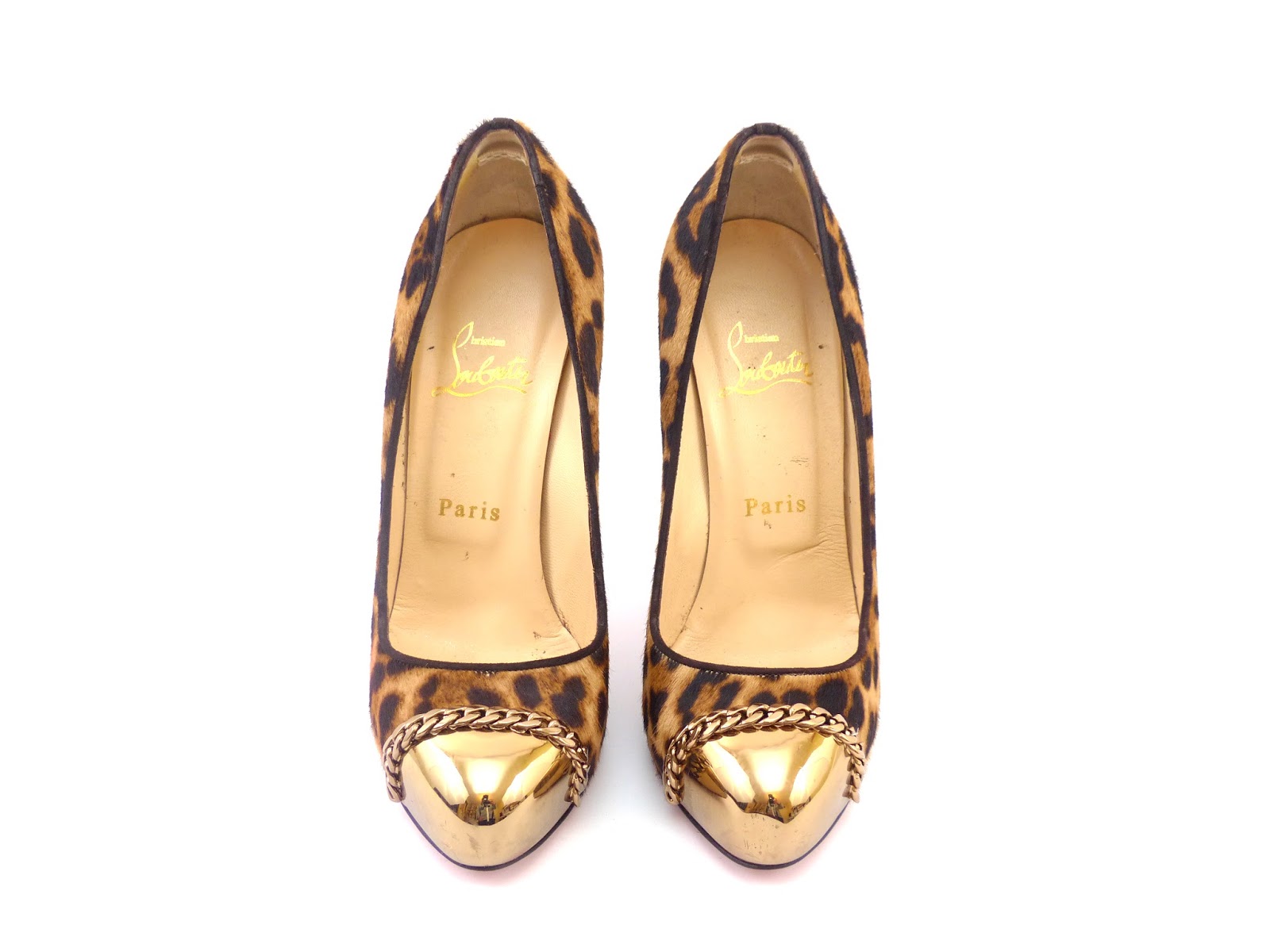 Christian Louboutin Gold Metal Cap Heel with Leopard Faux Print Fur –  catwalk