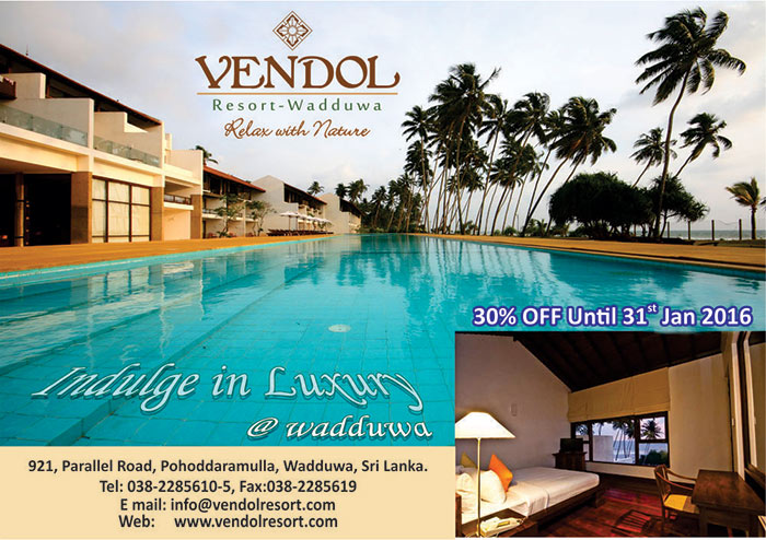 Welcome to a charming and luxurious abode situated in the south western coastal town of Wadduwa, Sri Lanka. Vendol Resort is a luxury resort overlooking the tranquil waters of the Indian Ocean and is the ideal getaway for the discerning traveller who looks for a luxurious and relaxing world away from the hustle and bustle of daily life.  Drive through distinctive entrance in to Vendol's impeccably landscaped the gardens onto the exclusive car porch and walk up to the main building where our friendly and courteous staff welcomes you to the wonderful experience that is Vendol. Take in the views of the beautiful garden and the large infinity pool as you stroll to the main building. Check in to the room of your choice; split level suite overlooking the pool, the garden or the ocean or a suite with its own private plunge pool and delve in to a luxurious and relaxing vacation not to be forgotten.