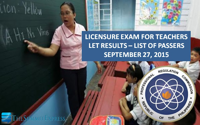 List of Passers: LET Results September 2015 teachers board exam