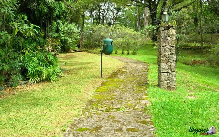 Para caminhar no parque nesse bosque executamos o caminho com pedra moledo, os pilares de pedra para o lampião com execução do paisagismo natural.