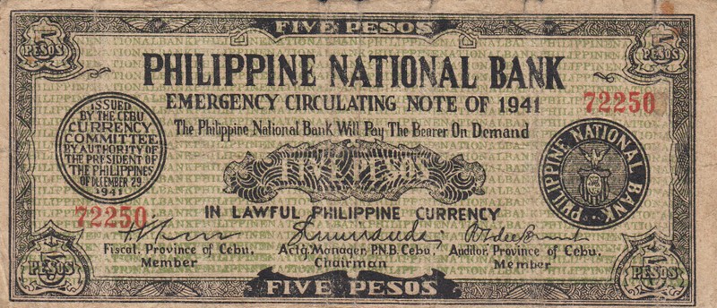 ONE 1 PESO 1944 NEGROS EMERGENCY CURRENCY BOARD PHILIPPINES WAR-II NOTE P-S672 