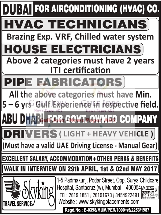 Dubai & Abu Dhabi Airconditioning HVAC Co Jobs Gulf Jobs for Malayalees