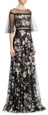 Marchesa Notte Flutter Sleeve Flock Gown