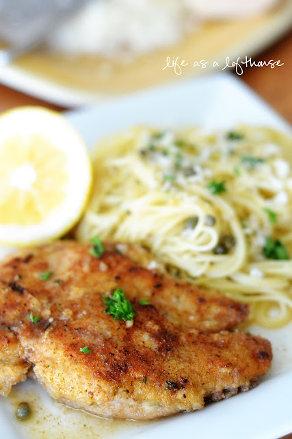 Chicken Piccata is chicken breasts full of Italian flavor laid over a bed of butter noodles with capers. Life-in-the-Lofthouse.com