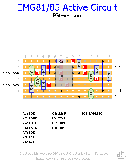 Paul In The Lab: EMG Active Preamp for 81/85 pickups Stripboard Veroboard