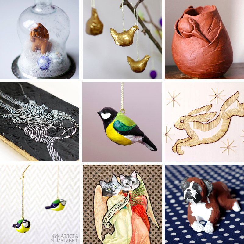 Mixed media art featuring animals by Alicia Sivertsson. konst kreativitet skapa skapande monthly makers aliciasivert keramik skulptur lufttorkande lera collage tändstickor tavla häftklamrar kanin fåglar hundar katter katt fågel hund