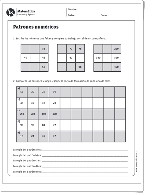 "Patrones numéricos" (Ficha de Matemáticas de Primaria)