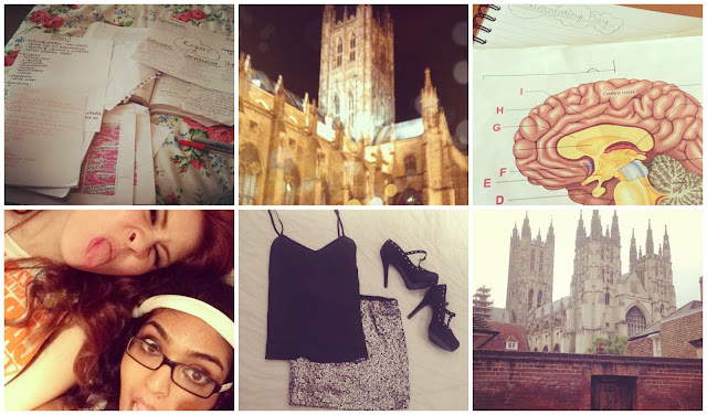 what I wish I'd known at university fresher's tips freshers tips; 6 shots from Instagram. In the first, a bunch of highlighted papers and notes on a bed, in the second a shot of Canterbury Cathedral, in the third a picture of the human brain with labels, in the fourth, francesca sophia with another girl, in the fifth an outfit lying on a bed - a black silk vest, a muted silver sequin skirt, and black t-bar heels with studs, in the final picture another shot of canterbury cathedral