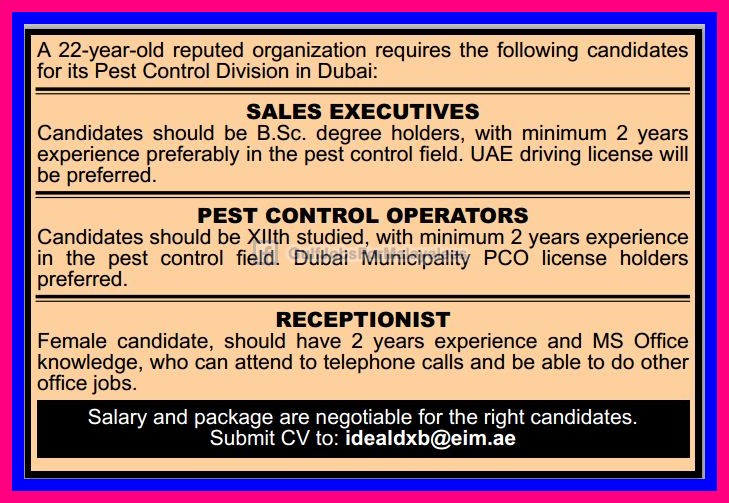 Vacancies for A Pest Control Division In Dubai Gulf Jobs for Malayalees