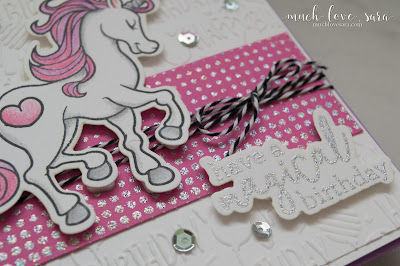 This sweet, and fun, handmade birthday card would be perfect for a sassy little girl - or maybe even a big one.  The pinks, purples, and sparkling heat embossing are very feminine.  Using Fun Stampers Journey Magical Unicorn Stamps and Dies, along with the Graduated Dots Background Stamp.  