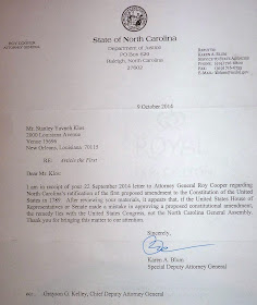 Office of the Attorney General, North Carolina October 9, 2014 response.