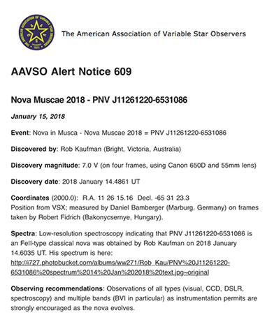 AAVSO Alert Notice 609 announces discovery of nova by Rob Kaufman