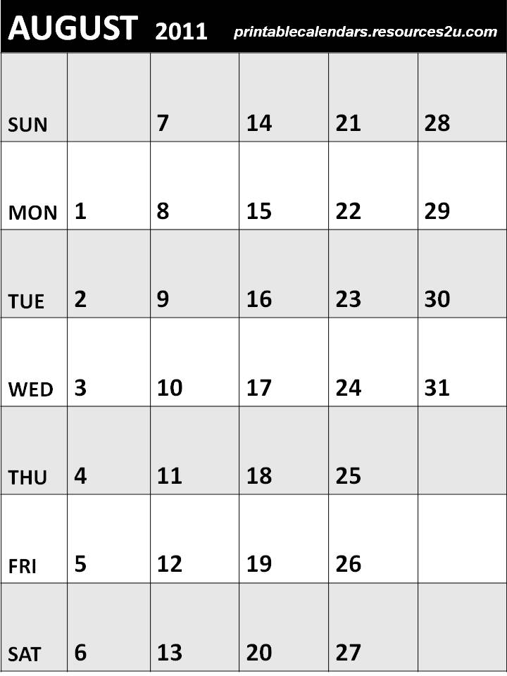 2011: Blank August 2011 Calendar 2011: Blank August 2011 Calendar