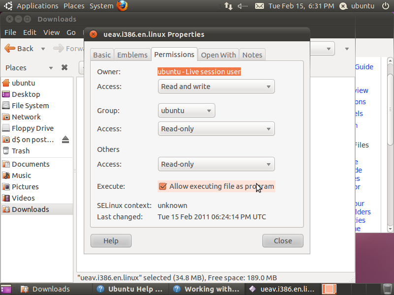 Roperties->permissions and check "execute" Ubuntu.