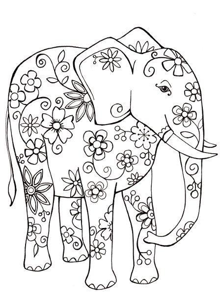 Tranh tô màu chú voi được vẽ hoa lên người