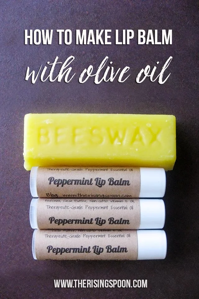 Homemade lip balm made with olive oil, beeswax, cocoa butter, vitamin E oil, honey, and 100% pure, therapeutic-grade peppermint essential oil. This is an inexpensive DIY project you can make at home in about 15 minutes, and they make great gifts for both guys and gals!
