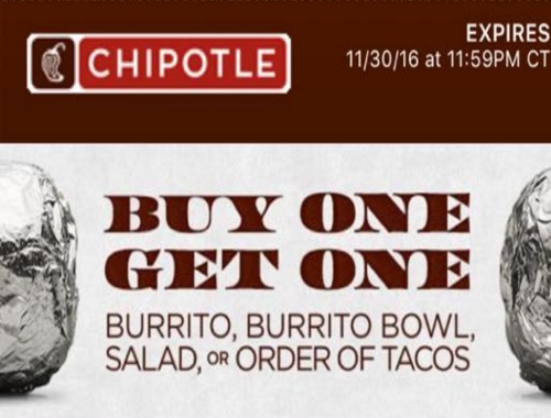 Chipotle Mexican Grill BOGO Buy 1 Get 1 Free Burrito Coupon Chipotle Mexican Grill BOGO Buy 1 Get 1 Free Burrito Coupon