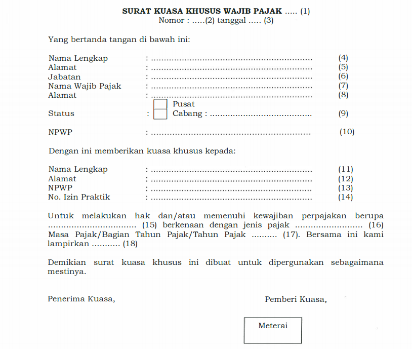 Contoh Surat Kuasa menurut Peraturan Menteri Keuangan nomor 229/PMK.03/2014