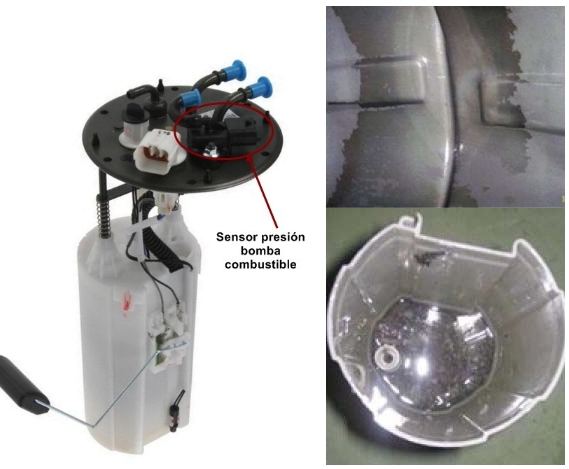 Vista del aforador/bomba de combustible y lodos de pintura depositados en el vaso del aforador