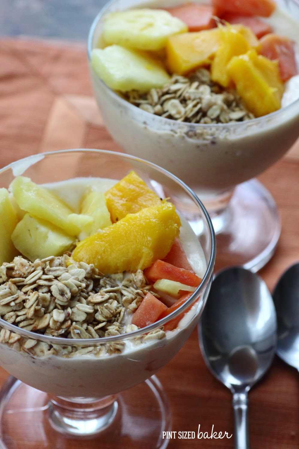 I'm loving these tropical smoothie bowls with fresh pineapple, mango, and papaya with added crunchy granola. It's a great way to fuel up to get the day going.