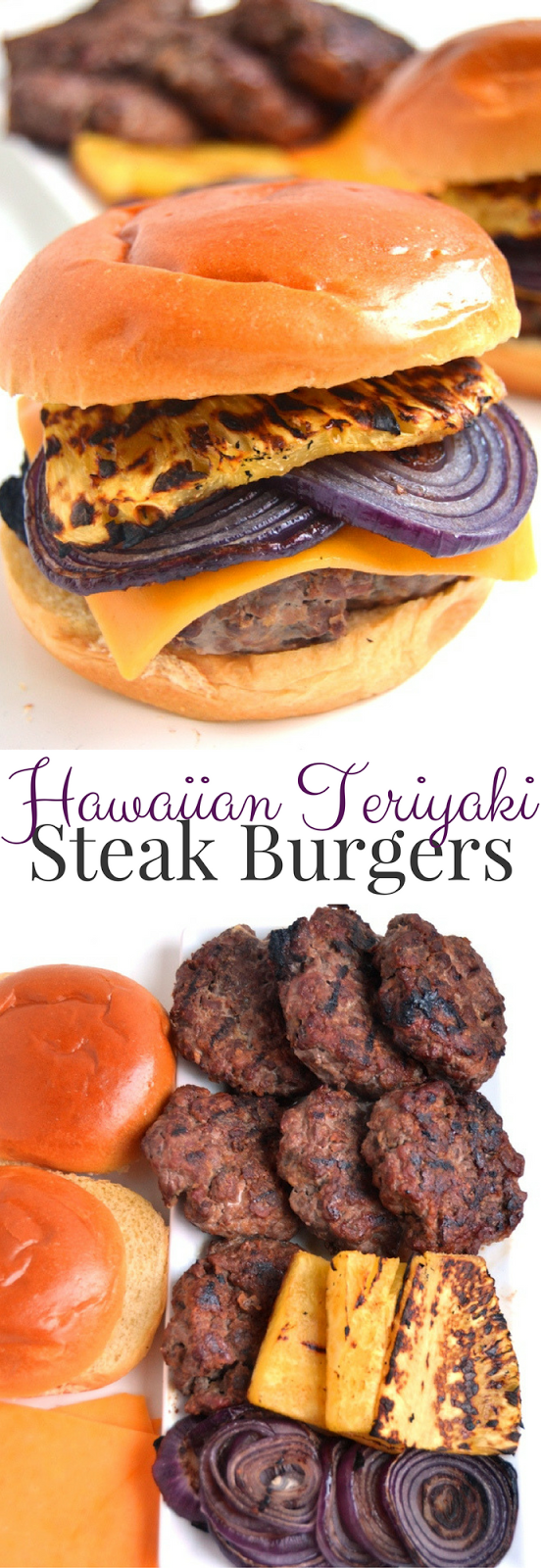 Hawaiian Teriyaki Steak Burgers feature freshly ground burgers, flavorful teriyaki sauce, grilled pineapple and red onions and melted cheddar cheese. www.nutritionistreviews.com