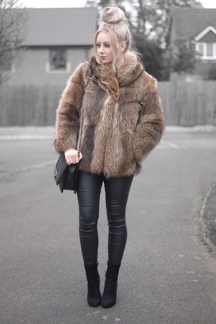 Sammi Jackson - ASOS Faux Fur Coat / OASAP Quilted Flap Bag / Primark Satin Skinny Jeans / Everything5pounds Perspex Heel Sock Boots 