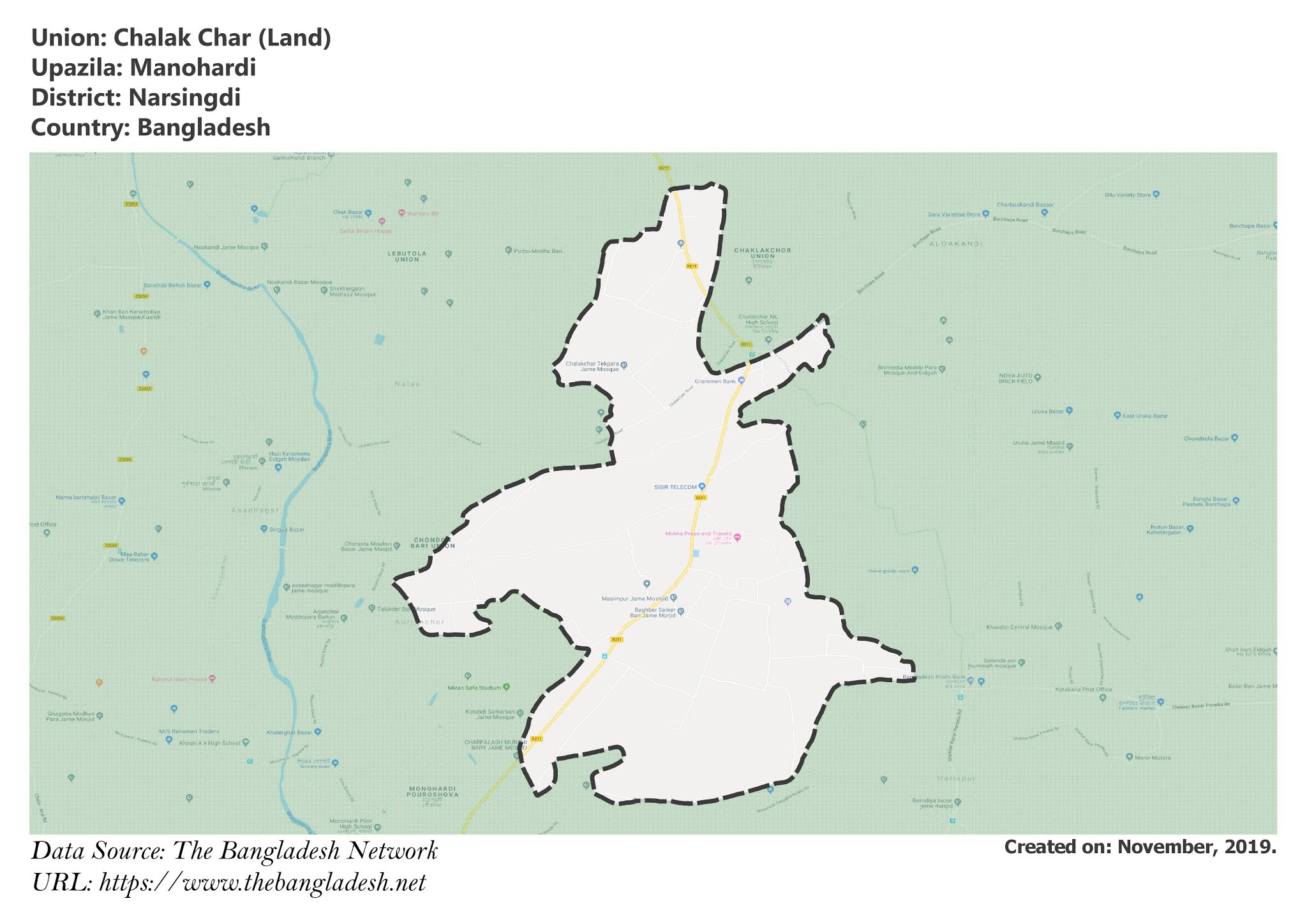 Map of Chalak Char of Narsingdi, Bangladesh.
